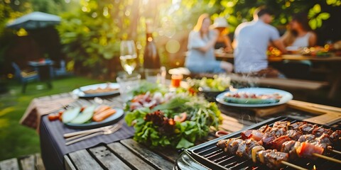 Various picnic barbeque food and drink flatlay Summer bbq picnic food assorted grilled meats kebabs vegetable fruit salad traditional picnic summer pie cake sandwiches top view copy space
