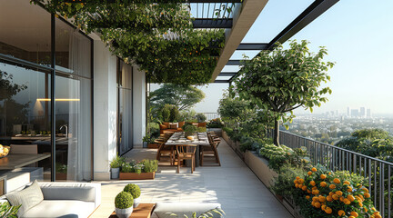 Penthouse big open balcony. lush greenery. white- light beige color pallet. planters. trees fruit trees. metal wall. pergola dining area outdoor kitchen. open sky.