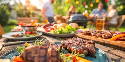 Various picnic barbeque food and drink flatlay Summer bbq picnic food assorted grilled meats kebabs vegetable fruit salad traditional picnic summer pie cake sandwiches top view copy space

