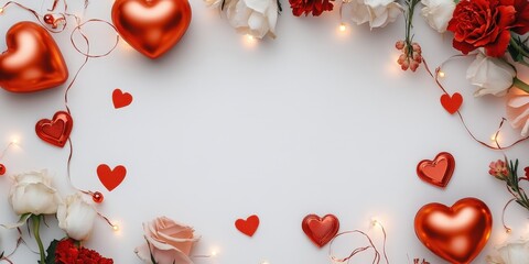 Stylish Flat Lay of Sophisticated Decor Elements for Valentine's Day with Hearts, Flowers, and String Lights on a Elegant White Background