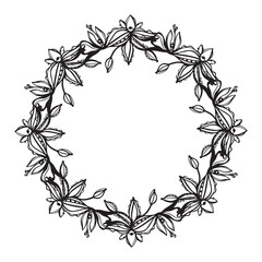 Boho simple wreath - vector doodles of the flowers and leaves, black and white.