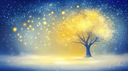 Ethereal Landscape with a Solitary Tree Illuminated by Golden Light Amidst a Starry Night Sky and Dreamy Misty Background for Tranquil Nature Imagery