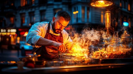 Realistic Cook in Small Kitchen Preparing a Meal