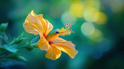 Hummingbird feeding on a vibrant yellow hibiscus flower. (1)