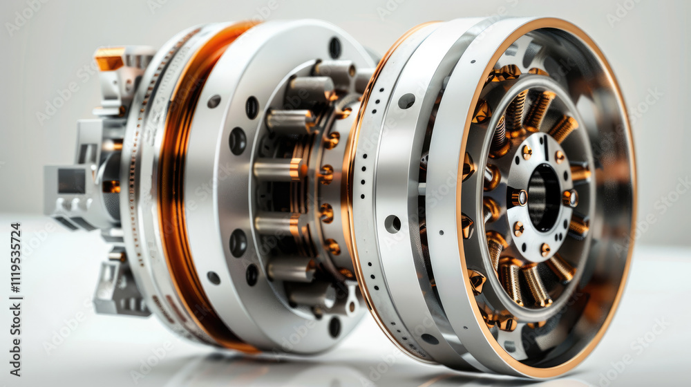 Poster A realistic centrifugal motor rotor with part labels in a white background.