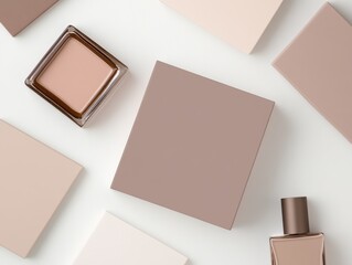 Fototapeta premium Cosmetic essentials in Pantone Mocha Mousse PMS 17-1230 tones, minimalist and elegant.
