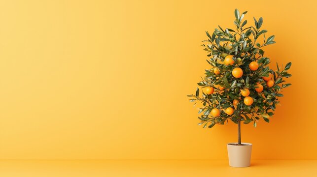A small orange tree is in a pot on a yellow wall