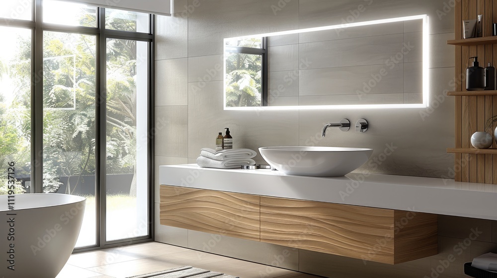 Poster a modern bathroom with light wood and grey accents, featuring an elegant floating sink that blends s