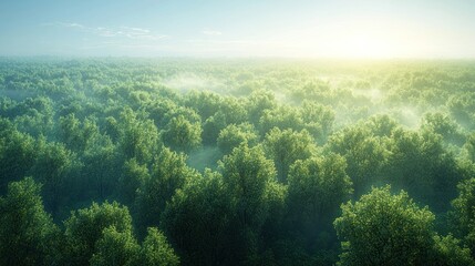 Misty sunrise over a lush green forest.