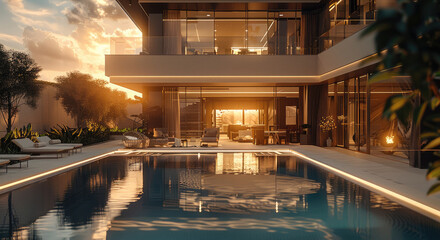 A modern luxurious residential compound, golden hour lighting.