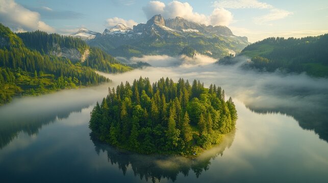 Misty sunrise over a serene island lake with mountain backdrop.