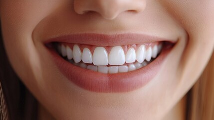 Fototapeta premium A close-up of a smiling woman showcasing her bright, white teeth, emphasizing dental health and beauty.
