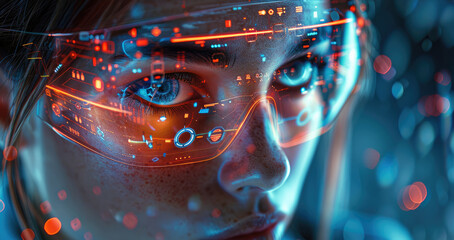 Women, office worker trapped in digital matrix, phone screen reflecting in glazed eyes, dopamine molecules floating around head, productivity meters and efficiency graphs hovering in holographic.