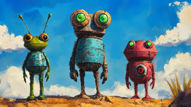 Three robots standing on a desert planet are observing