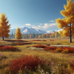 autumn landscape with snow covered mountains with clear sky and wide expanse of grassland