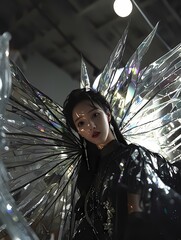 A Woman in a Dark Dress with Large, Iridescent Wings