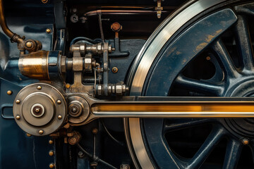 Close up of vintage locomotive mechanism showcasing intricate engineering details
