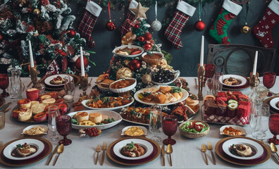Luxurious Christmas Feast Table with Festive Decorations and Christmas Tree