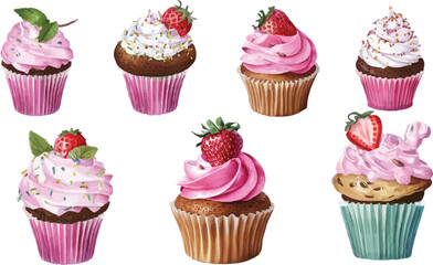 Set of 7 Strawberry Cupcakes with Pink Frosting, Sprinkles, and Decorative Toppings