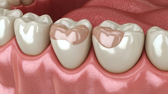 A close-up view of healthy teeth with dental fillings, showcasing the structure and texture of enamel and gums.