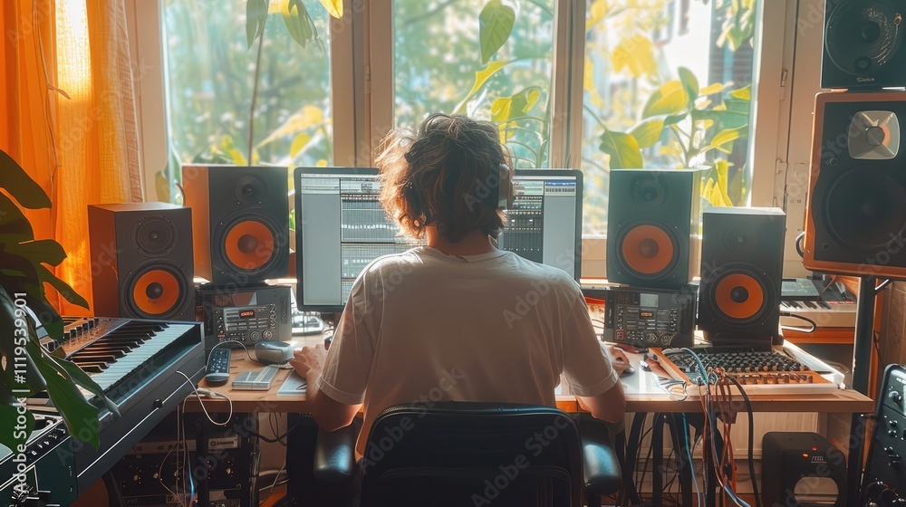 Poster a young musician sits at a desk in a cozy room, working on a computer with music production software