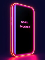 Spam call concept. A neon-lit smartphone displays the message "spam blocked," highlighting digital security and protection features.