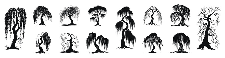 Set of stylized tree icons in black and white, vector illustration.