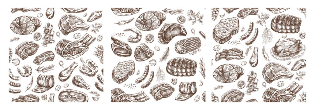 Hand-drawn seamless pattern of various meat dishes and ingredients