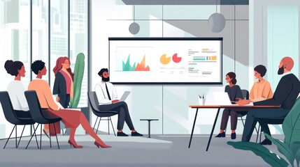 Diverse business team meeting in modern office, reviewing data on large screen. (1)