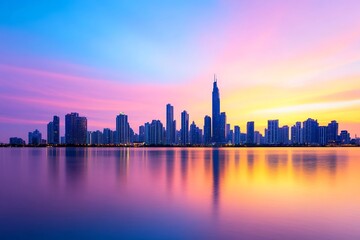 Obraz premium Mesmerizing Cityscape at Dusk with Vibrant Lights and Reflections Showcasing Allure of Urban Life