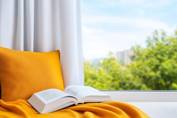 Fototapeta premium Cozy Reading Nook with Plush Cushions Warm Blanket and Sunlight Filtering Through for Book Lovers Tranquil Escape