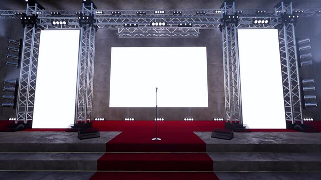 3D animation of red carpet leading to a big emty stage with shining screen