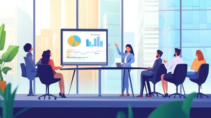 Businesswoman giving presentation to diverse team in modern office with city view.