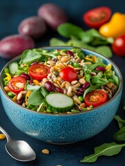 A vibrant salad bowl featuring cherry tomatoes, cucumber slices, beans, arugula, and orzo pasta, topped with seeds, creating a healthy and colorful meal packed with freshness and nutrients.
