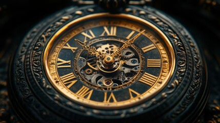Fototapeta premium Antique Pocket Watch Closeup, Gold Roman Numerals.
