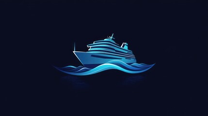 Stylized cruise ship sailing on dark blue ocean waves at night.