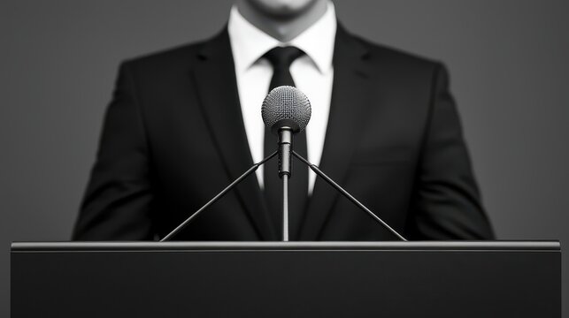 Town Hall Meeting Scene With Microphone Concept, Professional Presenter at Town Hall Meeting with Microphone Focused on Engaging Audience in Documentary Style - Powered by Adobe