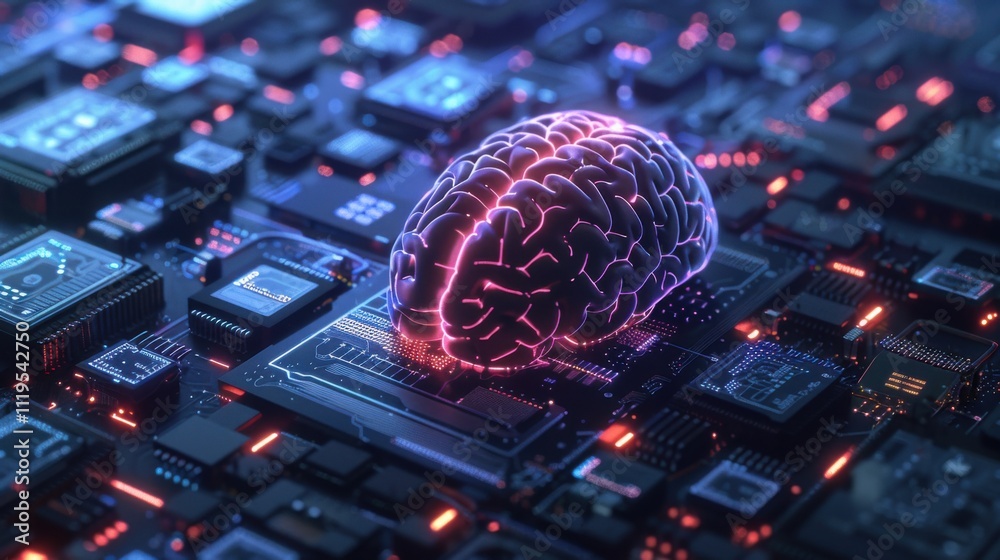 Poster big data and artificial intelligence concept. human brain glowing from processor, symbolizing the fu
