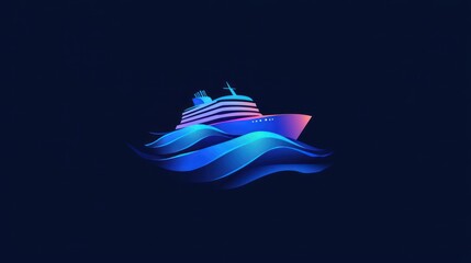 Stylized cruise ship sailing on dark blue ocean waves at night. (1)