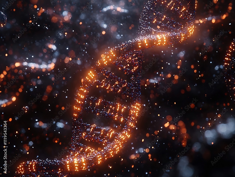 Poster holographic dna strand surrounded by floating binary code showcasing data storage and decoding