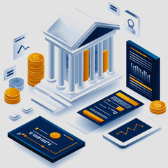 Modern Financial Institution Concept with Bank Building, Charts, Coins, and Digital Devices Displaying Economic Data and Analysis Tools