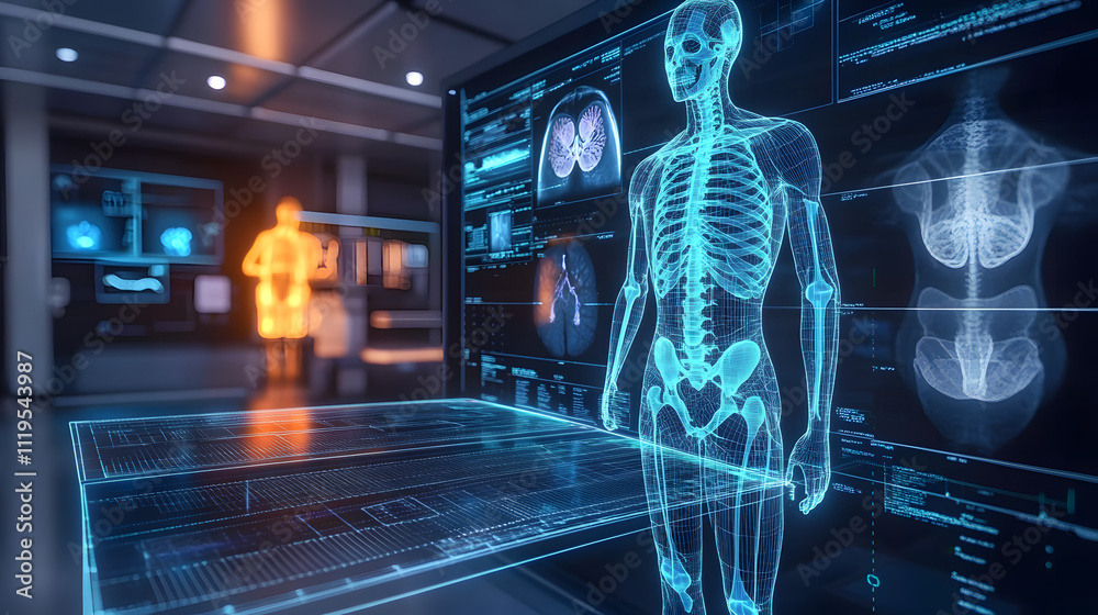 Wall mural how science and technology are making progress, shown by a picture of a body scan with an x-ray of t