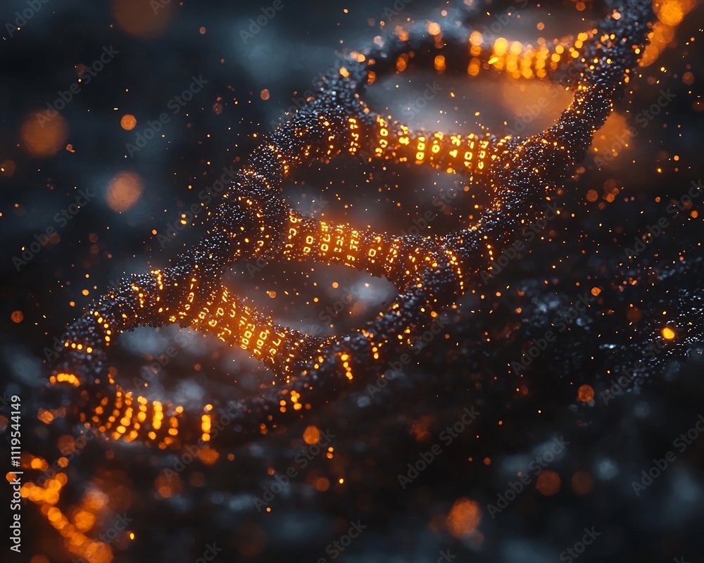 Poster glowing binary code flowing through a dna strand seamless of data storage into biological material