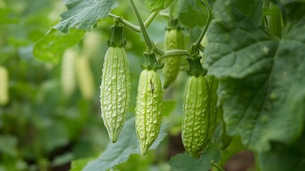 Obraz premium Bitter gourd plants growing outside