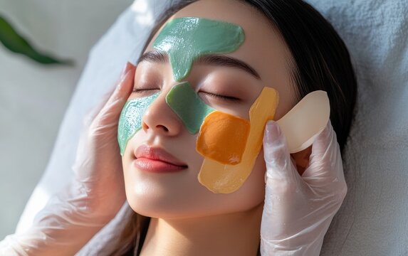 A woman enjoying a multi-mask treatment with different colored masks for her T-zone and cheeks, set in a bright and airy skincare studio