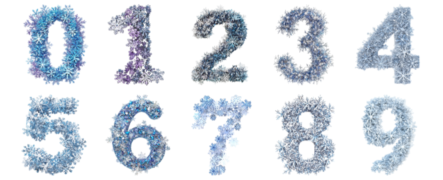 Pack 0 to 9 Numbers Snowflakes Style set over Transparent Background for Modern Design Projects, Creative Branding, or Unique Typography Applications