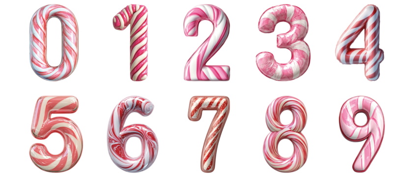 Pack 0 to 9 Numbers Candy Cane Style set over Transparent Background for Modern Design Projects, Creative Branding, or Unique Typography Applications