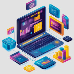Futuristic Digital Workspace with Laptop, Graphs, and Colorful Data Icons for Technology, Business, and Innovation Concept