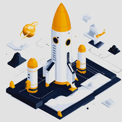 Futuristic Rocket Launch Pad with Colorful Space Elements and Planets for Technology and Exploration Concepts