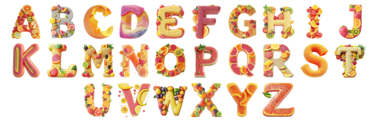 Pack A to Z alphabets Juicy Fruits Style set over Transparent Background for Modern Design Projects, Creative Branding, or Unique Typography Applications